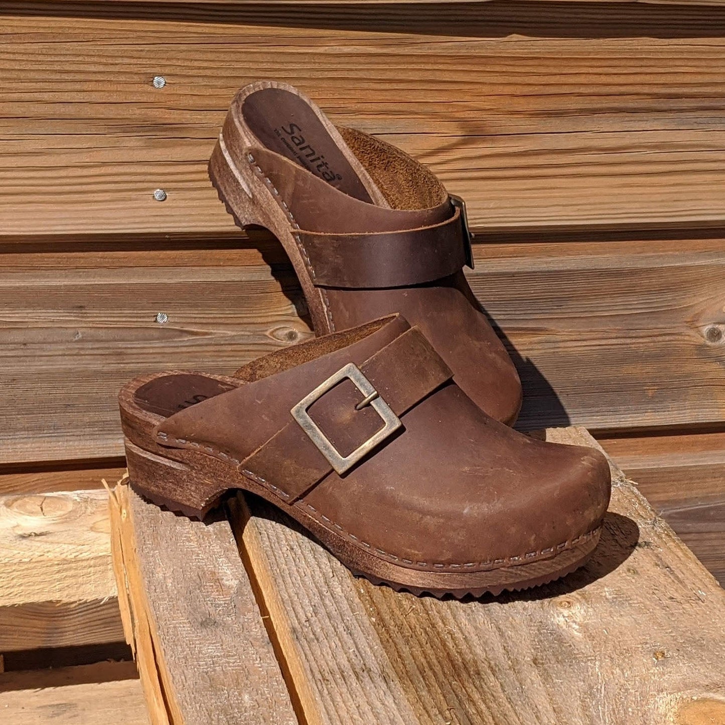 Sanita Big Buckle Danish Clogs in Antique Brown