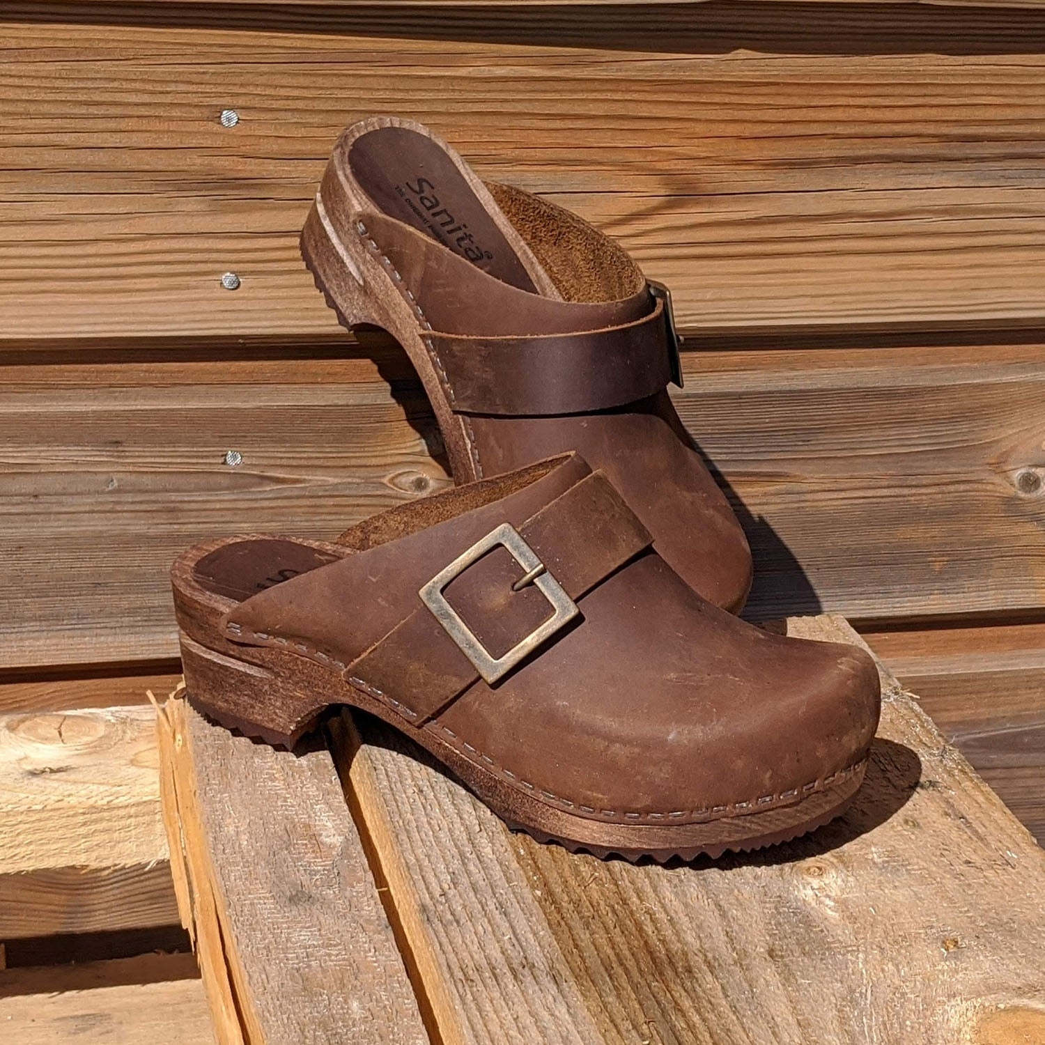 Sanita Big Buckle Danish Clogs in Antique Brown
