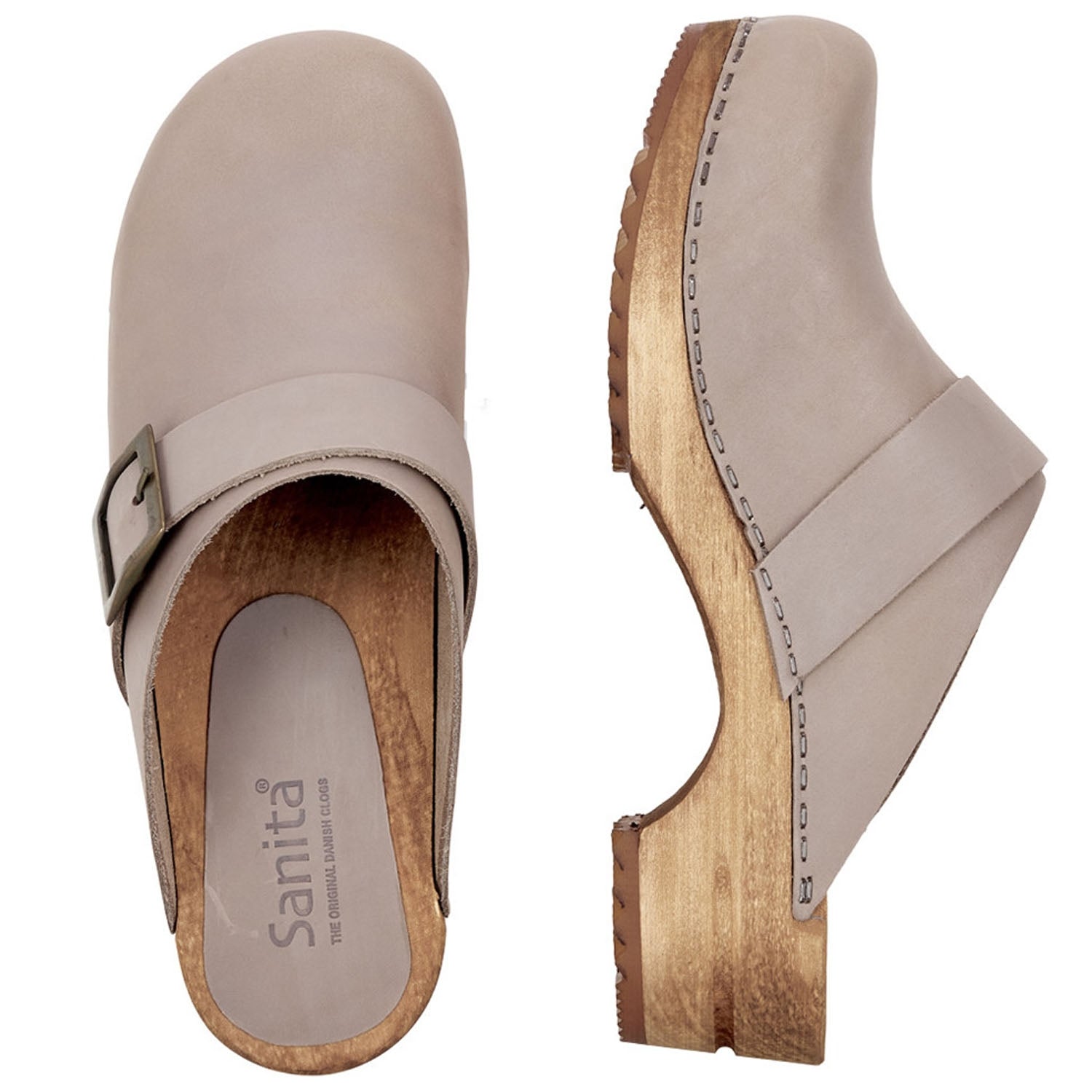 Sanita Big Buckle Danish Clogs in Olive Grey