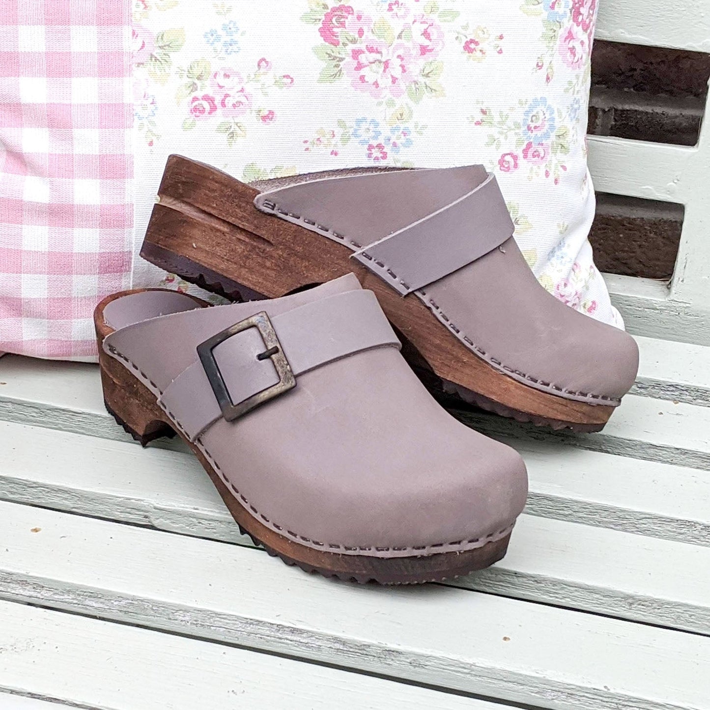 Sanita Big Buckle Danish Clogs in Olive Grey