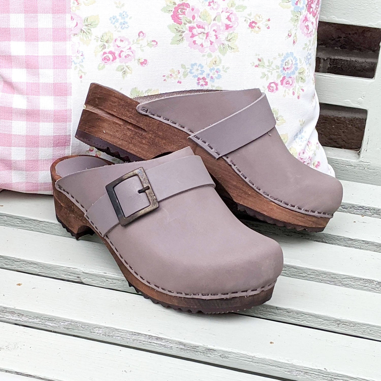 Sanita Big Buckle Danish Clogs in Olive Grey